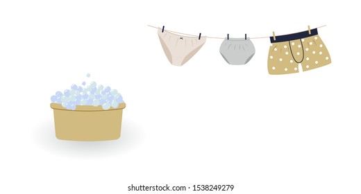 Concept of washing and drying: washed cute family underwear. Man boxers, woman knickers and child pants hanging on clothesline and they are attached by clothespins.Wash basin with soap foam. Vector