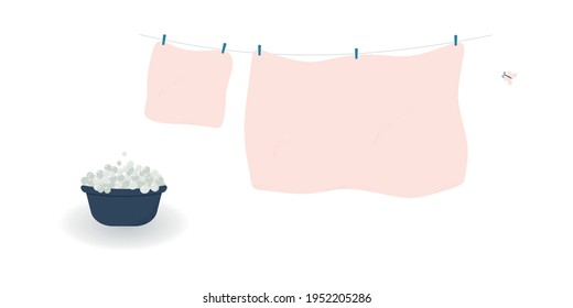 Concept of washing and drying: washed cute soft pink bed sheet and pillowcase with butterfly.Linen hanging on clothesline and  attached by clothespins.Wash basin with soap foam. Vector illustration