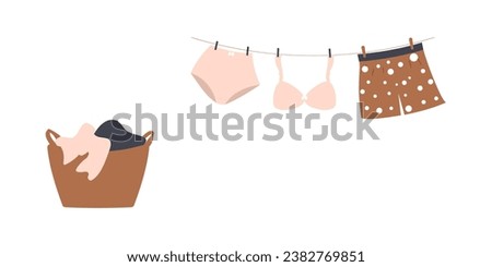 Concept of washing and drying: washed cute family underwear. Man boxers, woman bra and knickers hanging on clothesline and they are attached by clothespins.Wash basin with soap foam. Vector