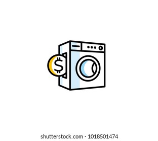 Concept of washing machine and coin logo template. Paid public laundry vector design. Washing house illustration
