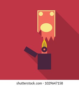 Concept of waste money, spend money. Burnt Lighter and pack of money vector flat illustration