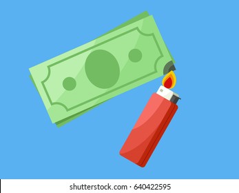 Concept of waste money, spend money. Burnt Lighter and pack of money vector flat illustration