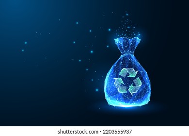 Concept of waste recycling, composting with trash bag and recycling sign on dark blue background