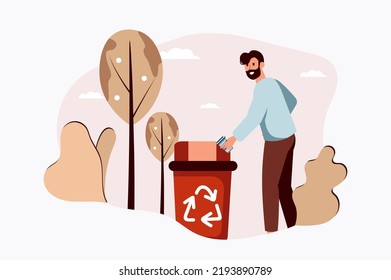Concept Waste recycling with people scene in the flat cartoon style. Man throws some garbage into a special tank for further processing. Vector illustration.