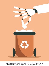 Concept of waste sorting and saving planet Earth. Ai Robot Arm hold Paper trash in trash bin for recycling. Flat cartoon vector Illustration.