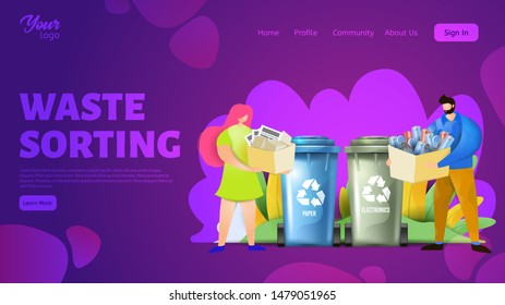 Concept of waste sorting. Web page template that can be customized. Couple holding boxes filled with unsorted wastes. Woman and man separating garbage into sorted wastes. Recycling bins and cans.