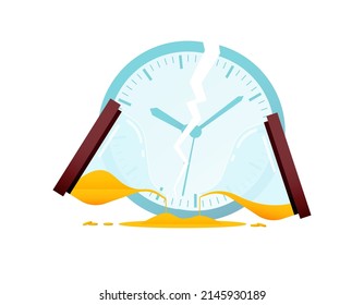The concept of wasting time or procrastination, deadline. Broken hourglass and clock.