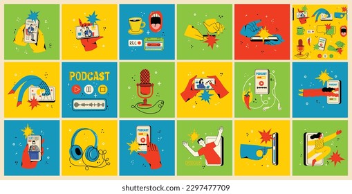 Concept of watching video online, podcast, talk show, tv application, live streaming. Hand holding smartphone with man with microphone on screen. Vector illustration in flat style