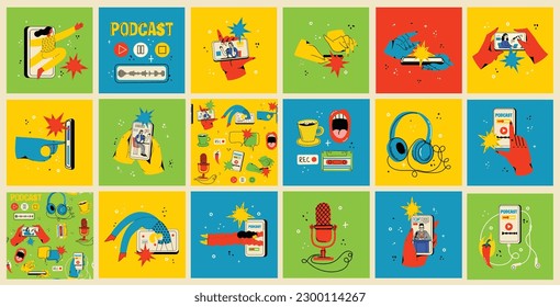 Concept of watching video online, podcast, talk show, tv application, live streaming. Hand holding smartphone with man with microphone on screen. Vector illustration in flat style