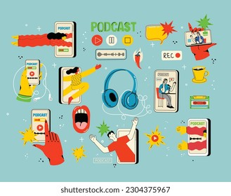 Concept of watching video online, podcast, talk show, tv application, live streaming. Hand holding smartphone with man with microphone on screen. Vector illustration in flat style