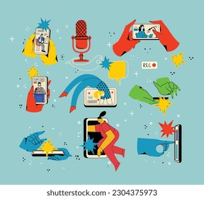 Concept of watching video online, podcast, talk show, tv application, live streaming. Hand holding smartphone with man with microphone on screen. Vector illustration in flat style