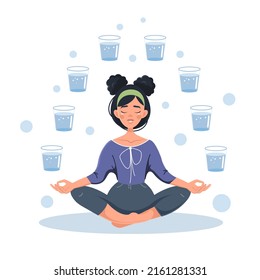 The concept of water balance. The girl is sitting in the lotus position and meditating with glasses of water. Healthy habits and self-care. The daily rate of water. Vector illustration 