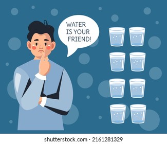 The concept of water balance. A young man and glasses of water. Healthy habits and self-care. The daily rate of water. Vector illustration in cartoon style
