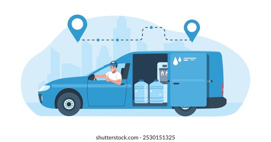 Concept for water delivery service. Courier, water bottles, van and navigation points. Vector illustration.