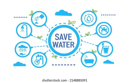 concepto de consejos de ahorro de agua infografía de iconos. Salvar el agua, salvar la tierra y volver verde, concepto de campaña de protección del medio ambiente. sobre el fondo azul.