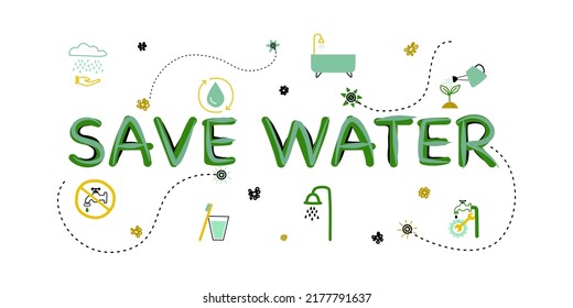 Konzept der Wasser sparenden Tipps Symbol Infografik. Sparen Sie Wasser, sparen Sie Erde und gehen Sie grün, Umweltschutzkampagnen-Konzept. auf blauem Hintergrund.	
