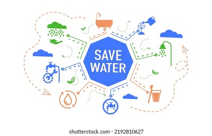 concept of water saving tips icon infographic. Save water, save earth and go green, environment protection campaign concept. on the blue background.