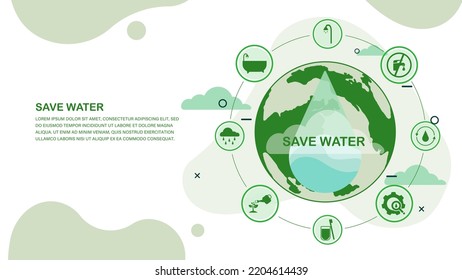 concepto de icono de consejos para el ahorro de agua con gota de agua para ahorrar agua, salvar la tierra e ir verde, concepto de campaña de protección del medio ambiente. sobre el fondo verde con la ciudad verde del mundo.