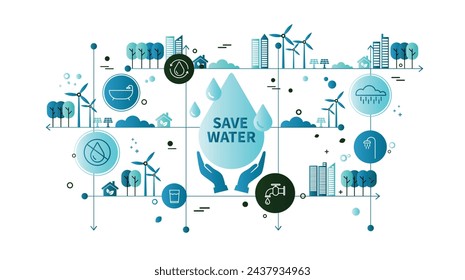 concept of water saving tips icon infographic. Save water, save earth and go green, environment protection campaign concept. on the blue background.