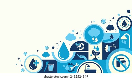 concept of water saving tips icon infographic. Save water, save earth and go green, environment protection campaign concept. on the blue background.	