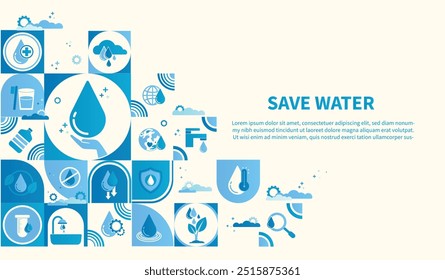 concept of water saving tips icon infographic. Save water, save earth and go green, environment protection campaign concept. on the blue background.	