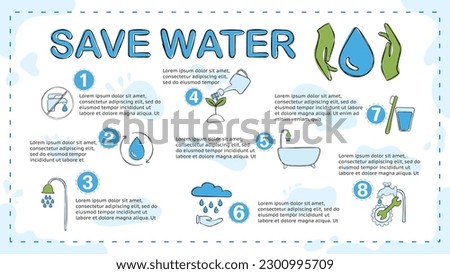 concept of water saving tips icon infographic. Save water, save earth and go green, environment protection campaign concept. on the blue background.