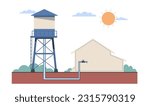 Concept of water tower operating principle. Supply storage, industrial construction with tank reservoir, agricultural landscape, cartoon flat isolated vector watertower building illustration
