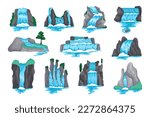 Concept Waterfall in mountains cartoon set without people scene in the flat cartoon design. Image of various waterfalls on white background. Vector illustration.