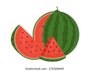 Concept of watermelon and juicy slices. Flat style. Vector illustration on a white background.
