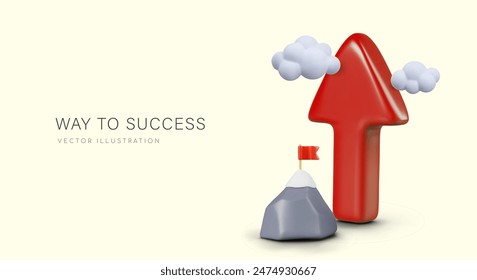 Concept of way to success. Giant red arrow points up toward clouds