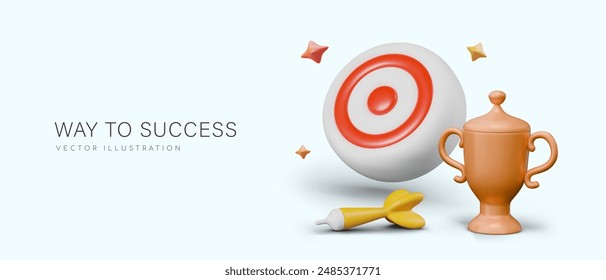 Concept of way to success. Round target, dart needle, gold goblet