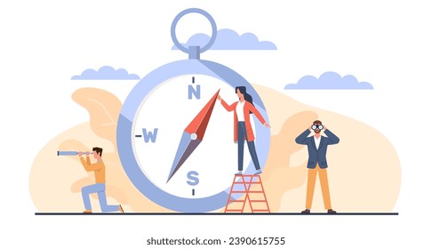 Concept of wayfinding, businessmen with compass and telescope looking for right direction. Successful way for company development choosing. Planning future. Cartoon flat vector illustration