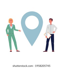 Concept of we are moving and business relocation. Happy man and woman stand near pointer of navigation new office location. Flat vector illustration isolated on white.