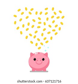 Concept of wealth. Golden coins falling in shape of heart into a pink piggy bank. Flat design, vector illustration.