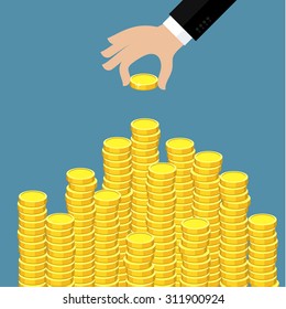 Concept of wealth. Hand put coin to money staircase. Flat design, vector illustration.