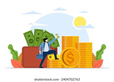 Concept of wealth or income. happy male employee with big wallet and banknotes and coins, Young man holding money, Salary, balance and budget. flat vector illustration on white background.