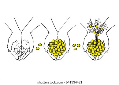 Concept of wealth. Money in the hands. The tree grows out of money in the hands. Hand drawn business illustration.