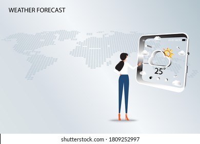 Concept of weather forecast technology, young woman wear a medical white mask and touch the screen of smart watch that contain app icon to check the weather before go to outside. Vector 3D design.