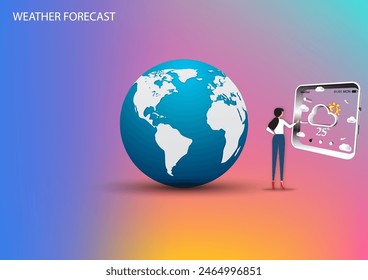 Concepto de la tecnología de previsión de Clima, la mujer joven está tocando la pantalla de reloj inteligente que contiene el ícono del App para comprobar el Clima en un fondo de tierra y color colorido. Diseño 3D de Vector.