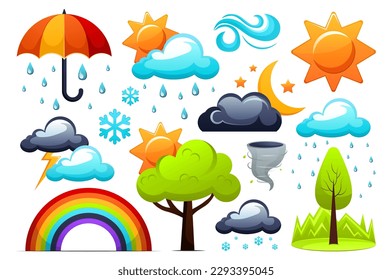 Concept Weather icons. A set of flat, cartoon-style weather icons designed on a white background. Vector illustration.