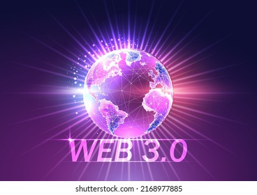 Concept of Web 3.0 future technology website with text and planet hologram on dark blue to purple