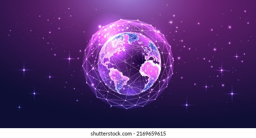 Concept of web 3.0, metaverse with purple holographic globe from space, global connection 
