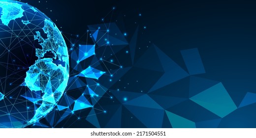 Concept of web 3.0 with planet Earth globe in futuristic glowing low poly style on blue backgound.