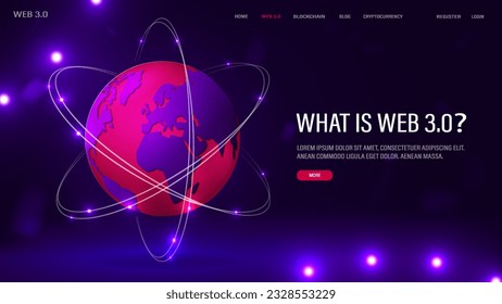 A concept for Web 3.0 with text on a purple and blue background. 3D pink globe with a world map with neon lights