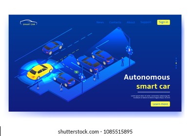 Concept web banner with autonomous smart car. Smart car moves to parking place and scans road, signs and objects in the city. Vector illustration.