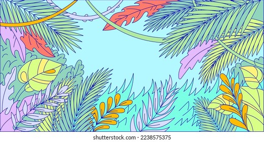 Konzept Web-Banner, grünes tropisches Blatt, Werbung Poster-Cartoon-Linie Vektorgrafik. Heiße Regenwaldlandschaft.