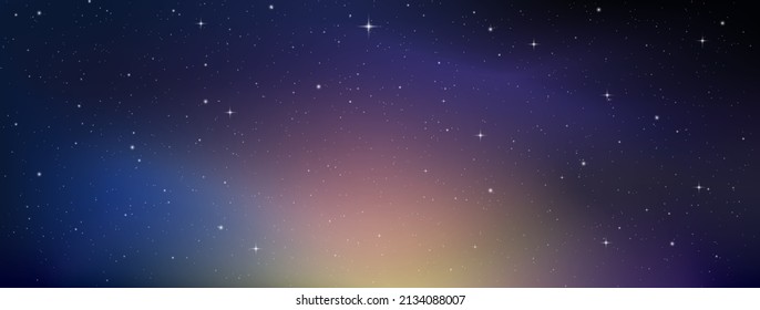 Concept of web banner. Horizontal space background with realistic nebula, stardust and shining stars. Infinite universe and starry night sky. Magic color galaxy. Vector illustration.