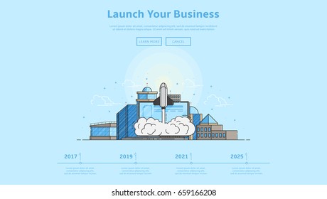 Concept of web banner with launch rocket. Color vector illustration in linear style with city landscape and laptop. Background for business start up.