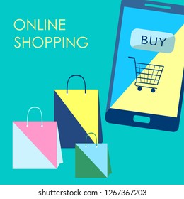 Concept or web banner for online shopping. Mobile phone with background for online buy and shopping bags. Flat vector illustration.