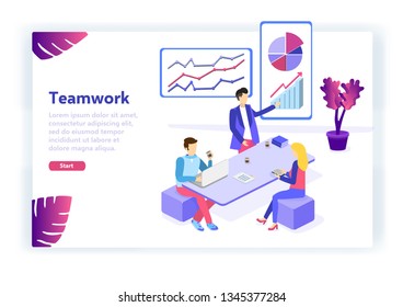 
Concept for web banner, web page, infographics, mobile app. People, teamwork in office. Flat isometric vector illustration in 3d. Landing templates teamwork concept.
